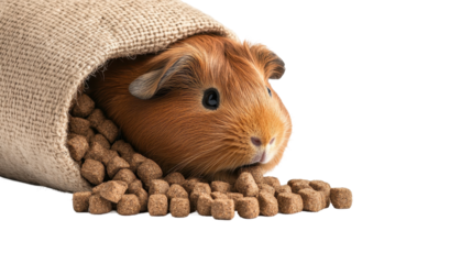 A guinea pig resting among food pellets. transparent background