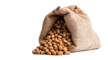 A burlap sack filled with organic almonds. transparent background