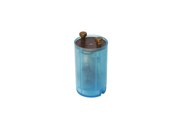 fluorescent lamp starter, turn and lock base, blue transparent plastic housing. isolated on white background, with clipping path