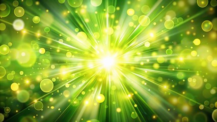 Abstract Green and Yellow Bokeh Background with Light Rays and Glowing Particles