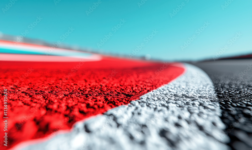 Poster dynamic perspective of a racetrack curve under clear skies capturing the speed and precision of moto