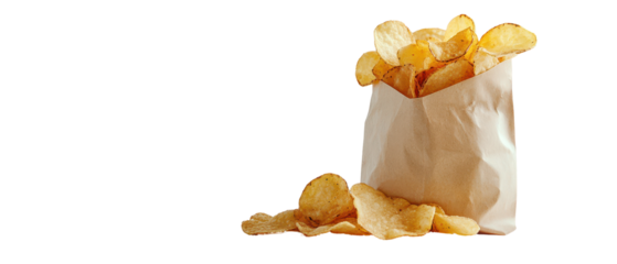 Crispy potato chips in a paper bag. transparent background