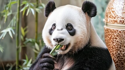 Naklejka premium Panda Enjoying Fresh Bamboo Up Close