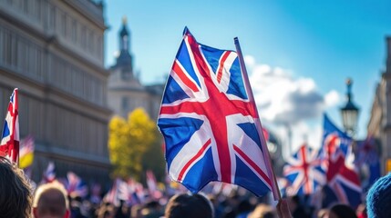 Union Jack Flags Waved at a Public Gathering