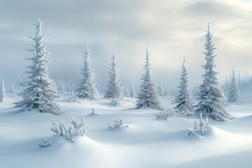 Fototapeta premium snowy woodland clearing with small pine trees scattered amidst tall frosted giants under soft cloudy sky