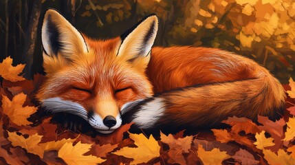 Fototapeta premium Cozy Autumn Forest Scene with a Sleeping Fox