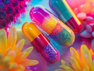 Vibrant Multicolored Holistic Supplemental Capsules with Abstract Psychedelic Patterns