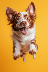 Vibrant Portrait of a Joyful Dog Jumping Against a Bright Yellow Background: Capturing the Essence of Canine Happiness and Playfulness