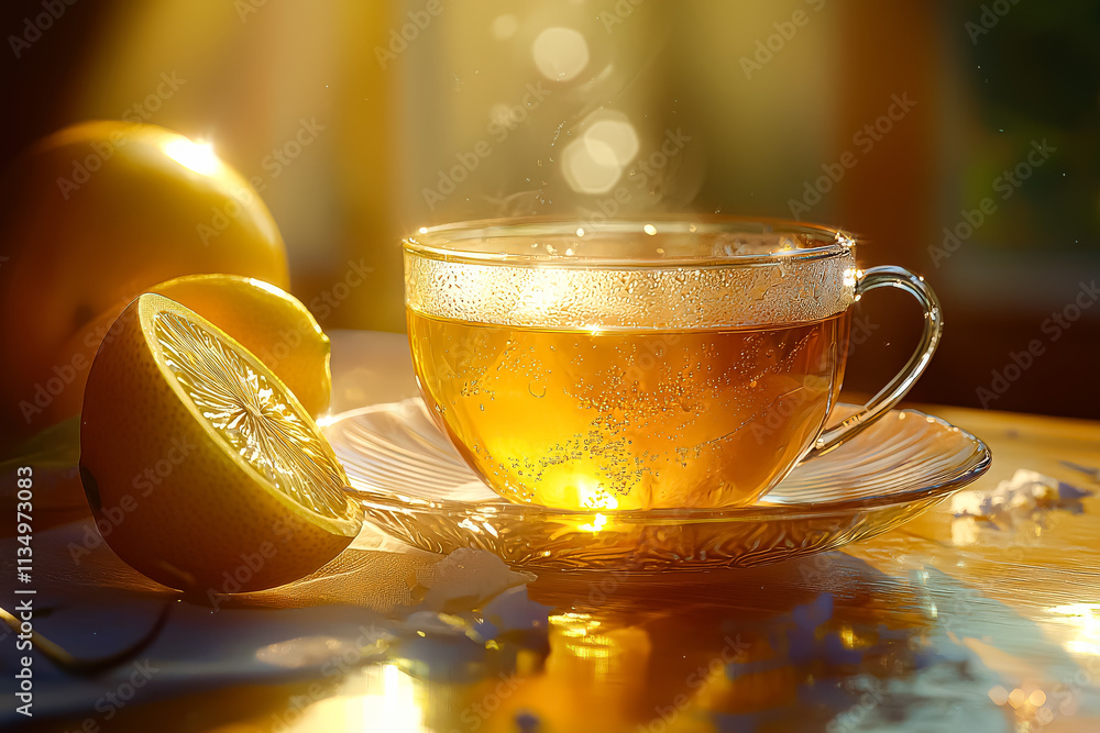 Poster cup of tea with a slice of lemon on top of it. the cup is on a table and the lemon is on a plate. th