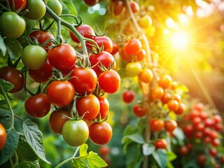 Fototapeta premium Freshly Harvested Cherry Tomatoes on Vine in a Lush Garden Setting, Showcasing the Vibrant Colors and Organic Appeal of Nature's Bounty in Full Bloom