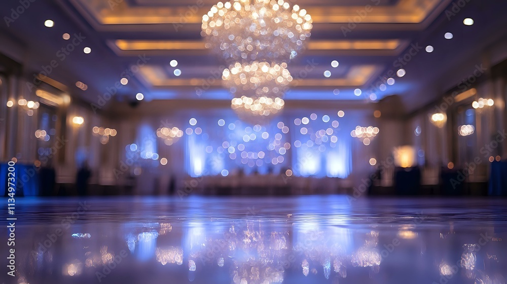 Wall mural Glittering pearl lights with elegant bokeh inside an opulent ballroom, chandeliers casting shimmering patterns