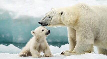 Polar Bear Cub Plays with Its Mother on Ice