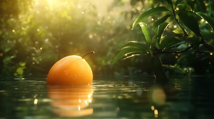 Vibrant Orange Fruit Reflected in Water Surface with Green Leaf Backdrop