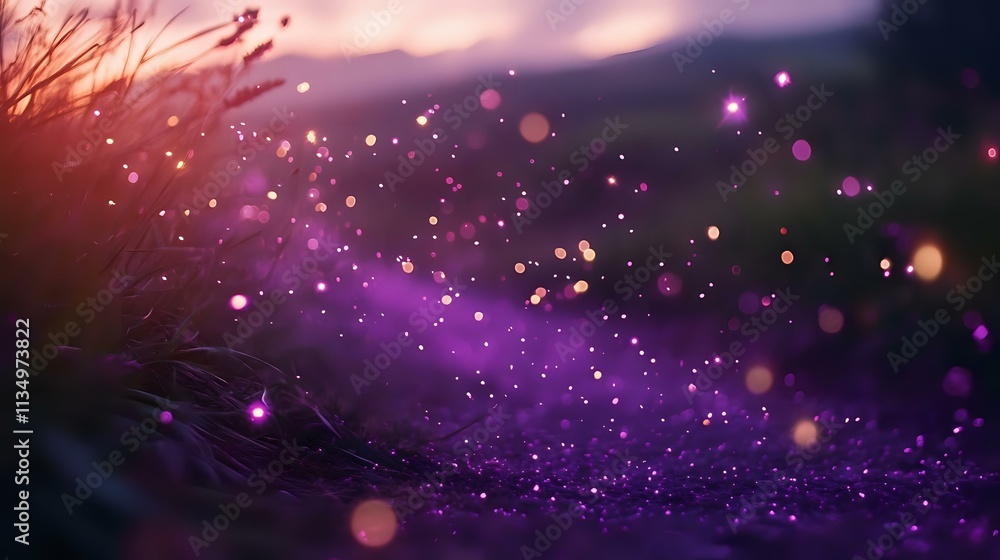 Poster glittering violet sparks with intricate bokeh flying from a firework display over a tranquil country