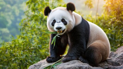 Obraz premium Serene Panda on Rocky Slope Enjoying Bamboo Snack