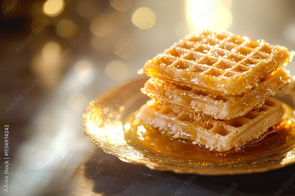 Poster stack of waffles with syrup on top of a white plate. the plate is on a table with a blurry backgroun