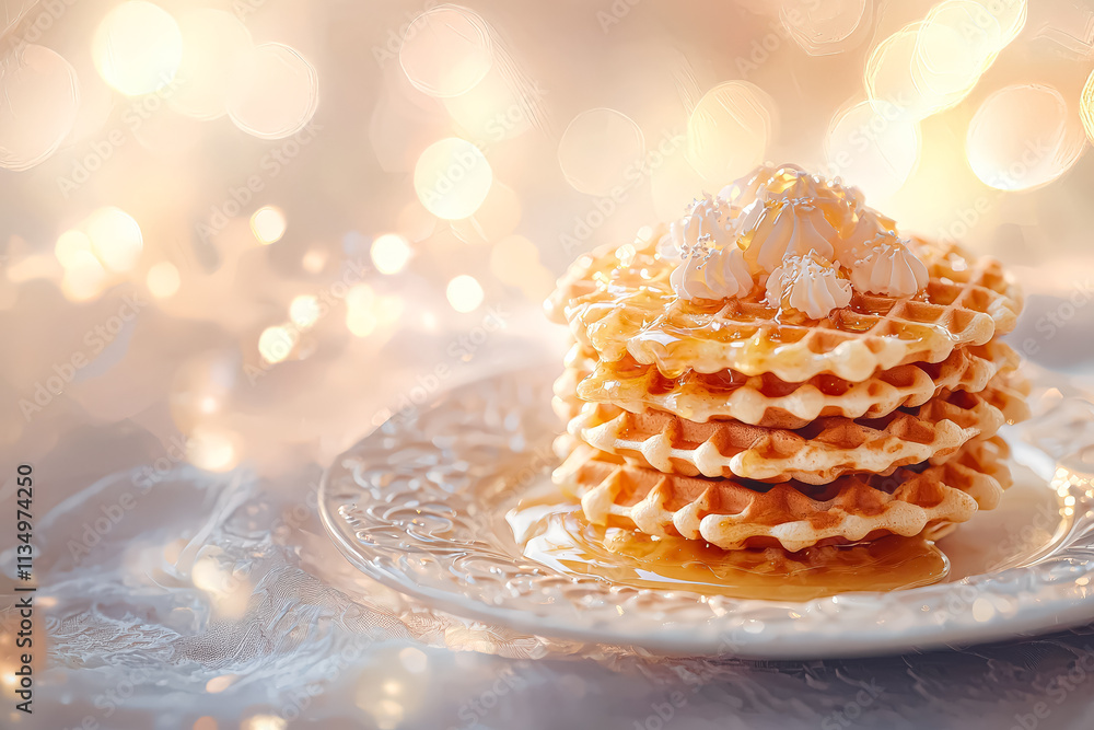 Poster stack of waffles with syrup on top of a white plate. the plate is on a table with a blurry backgroun