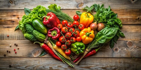 Fresh Organic Vegetables Formed in Heart Shape on Rustic Wooden Surface, Perfect for Healthy Eating and Farm-to-Table Imagery, Showcasing the Beauty of Nature's Bounty