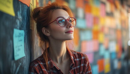 red headed woman leaning to a chalk board. portrait of a woman