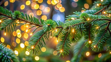 A Close-Up View of a Pine Tree Branch with Warm White Lights, Blurred Lights in the Background