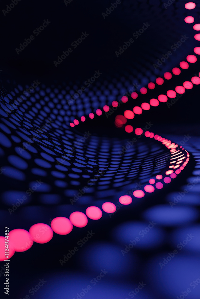 Poster futuristic neon digital art with dynamic curved light patterns and vibrant glowing dots