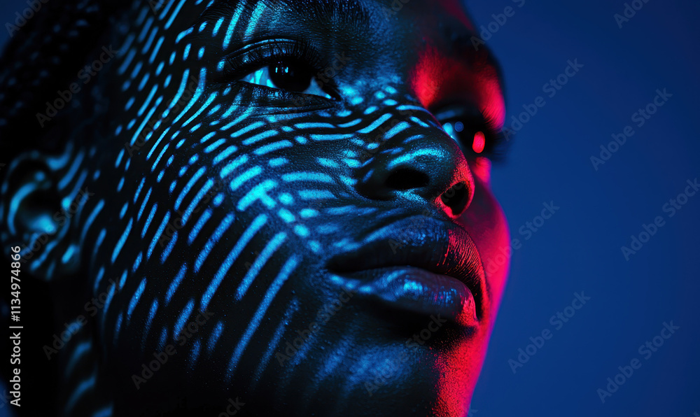 Poster dramatic portrait with contrasting patterns and colors under dynamic neon light effects