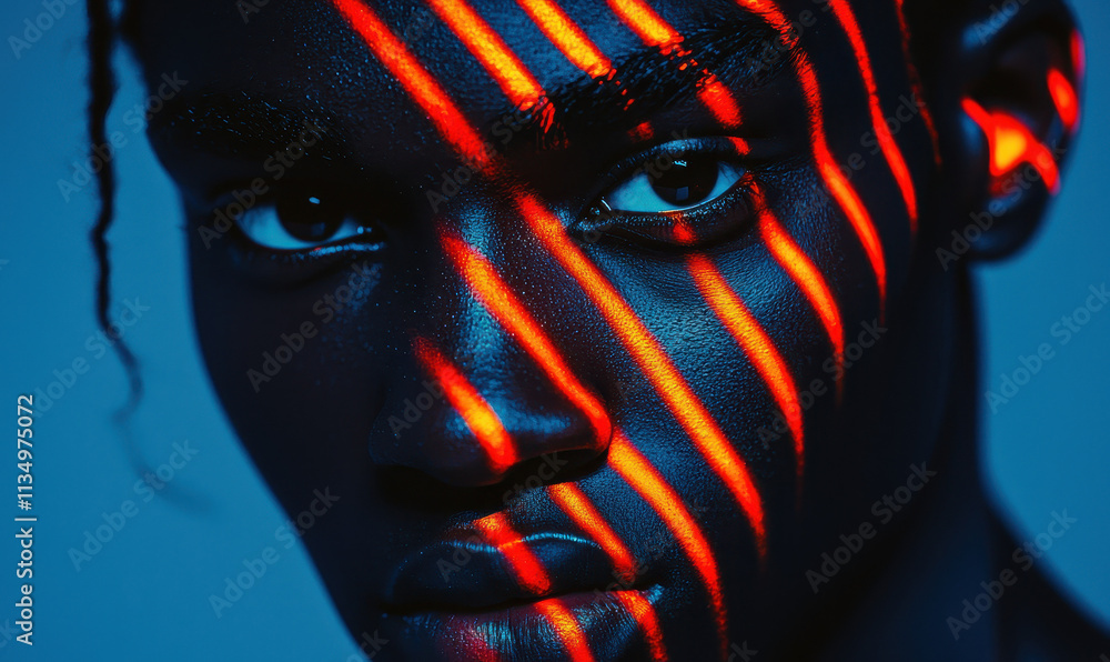 Poster dramatic contrasts: striking portrait with vivid red light patterns illuminating expressions in mode