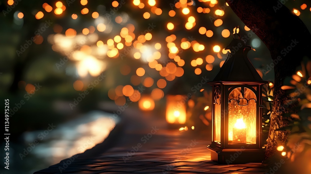 Poster glittering bronze light with warm bokeh glowing from ancient lanterns lining a quiet riverside path