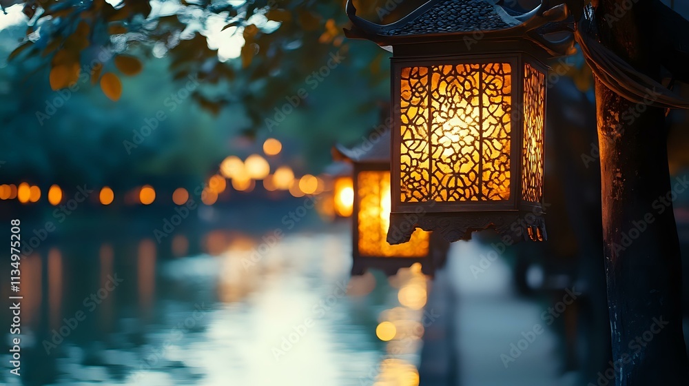Poster glittering bronze light with warm bokeh glowing from ancient lanterns lining a quiet riverside path