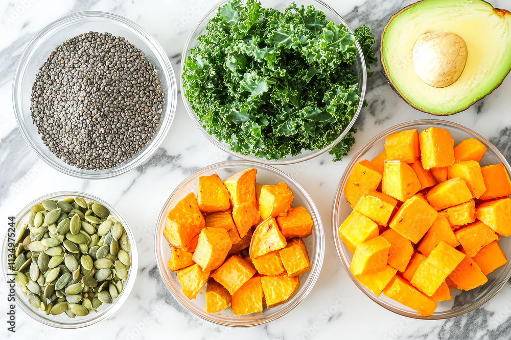 Aufkleber variety of vegetables and nuts are displayed in bowls on a marble countertop. the bowls are arranged