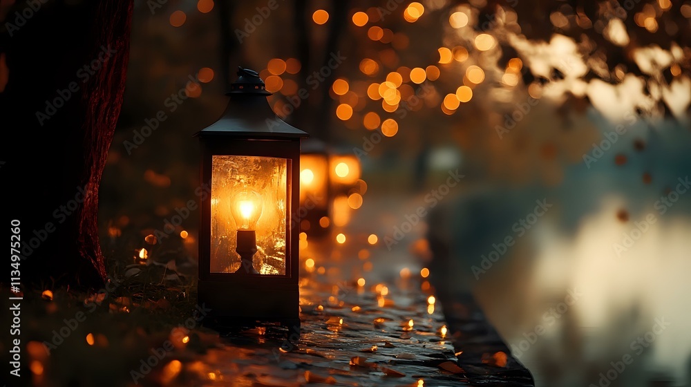 Poster glittering bronze light with warm bokeh glowing from ancient lanterns lining a quiet riverside path