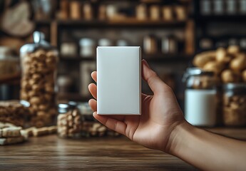 A hand holds a blank white box against a blurred background