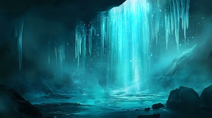 Glittering cyan lights with vibrant bokeh casting a serene glow over an icy cavern, stalactites sparkling faintly