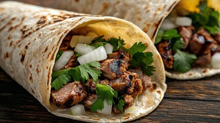 A close-up of delicious tortillas filled with grilled meat, onions, and fresh cilantro, showcasing vibrant flavors and textures.