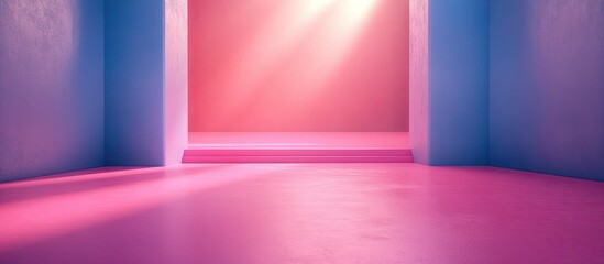 Minimalist pink and blue room interior with light beam.
