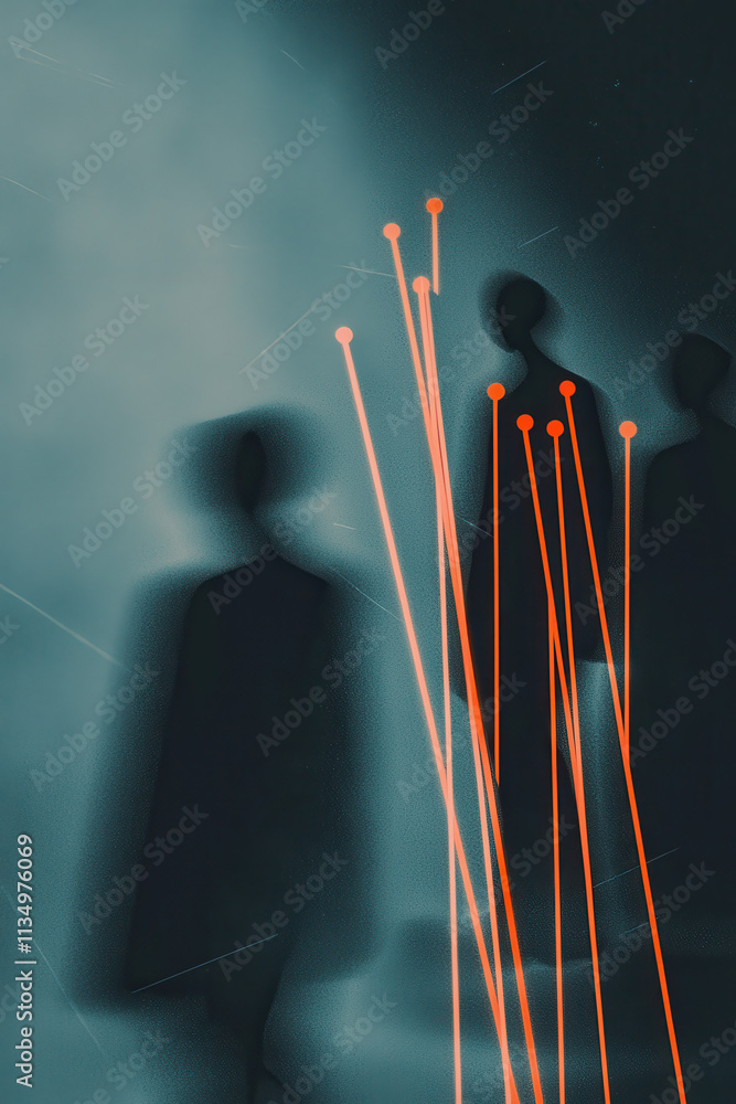 Poster surreal abstract art: mysterious figures and vibrant lines explores the depths of human imagination 