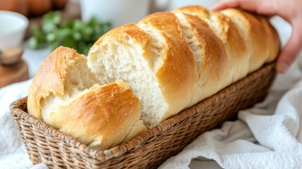 Naklejka premium A warm loaf of homemade bread rests in a basket surrounded by fresh greens and kitchen essentials
