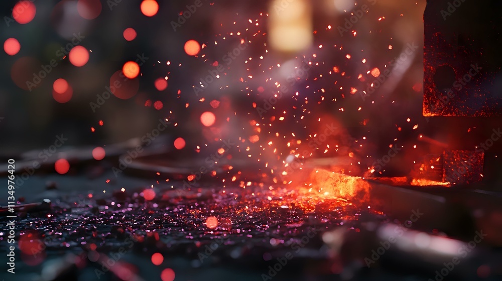 Poster glittering ruby sparks with glowing bokeh rising from a smoldering black forge, tools scattered near
