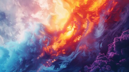 A vibrant cosmic scene featuring swirling clouds of orange, blue, and purple, resembling a stunning nebula in space.