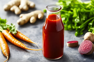 Bottle of red juice is on a table with carrots and beets. The juice is in a glass bottle and is surrounded by vegetables