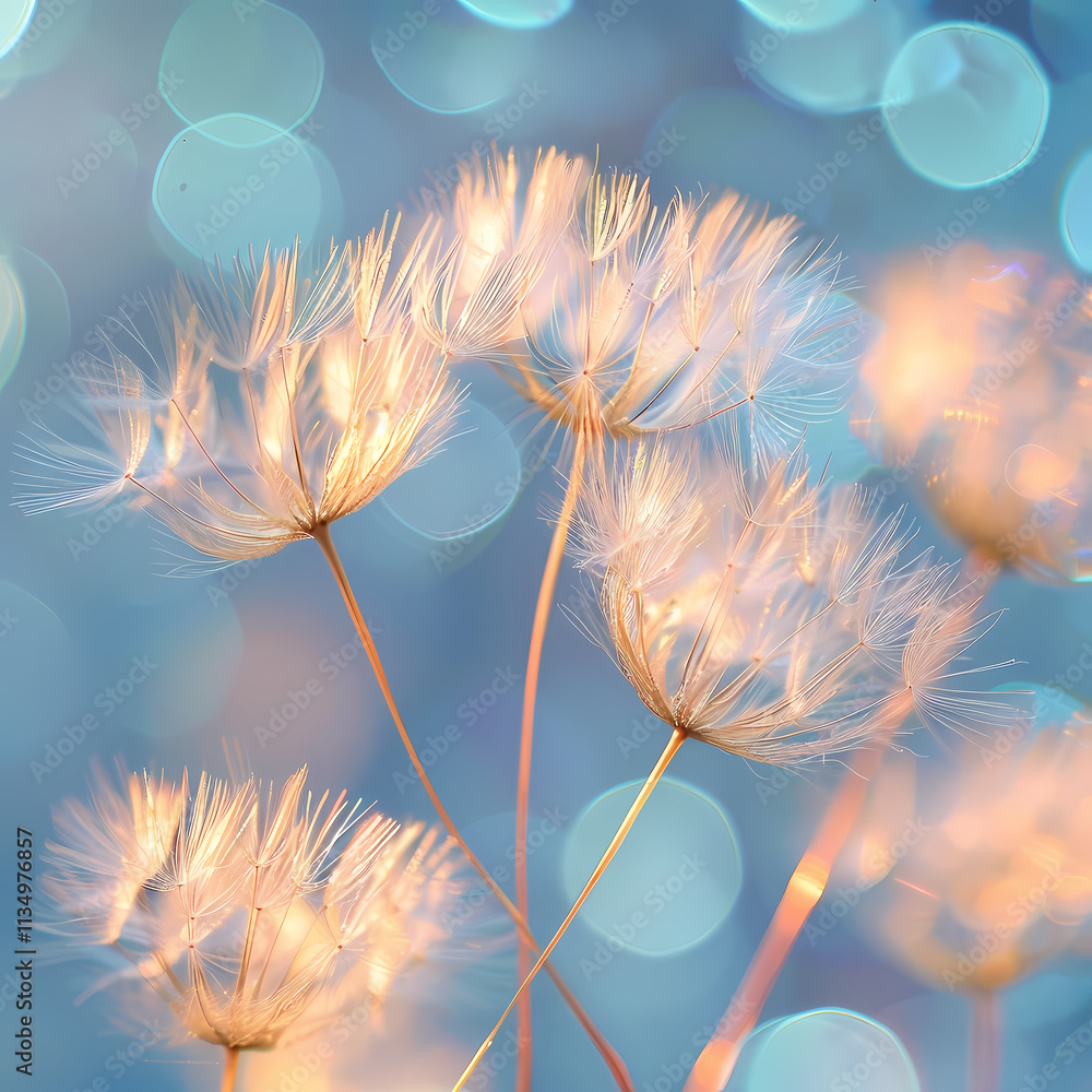 Poster dandelion wishes: a dreamy ethereal image of delicate dandelion seeds against a soft blue bokeh back