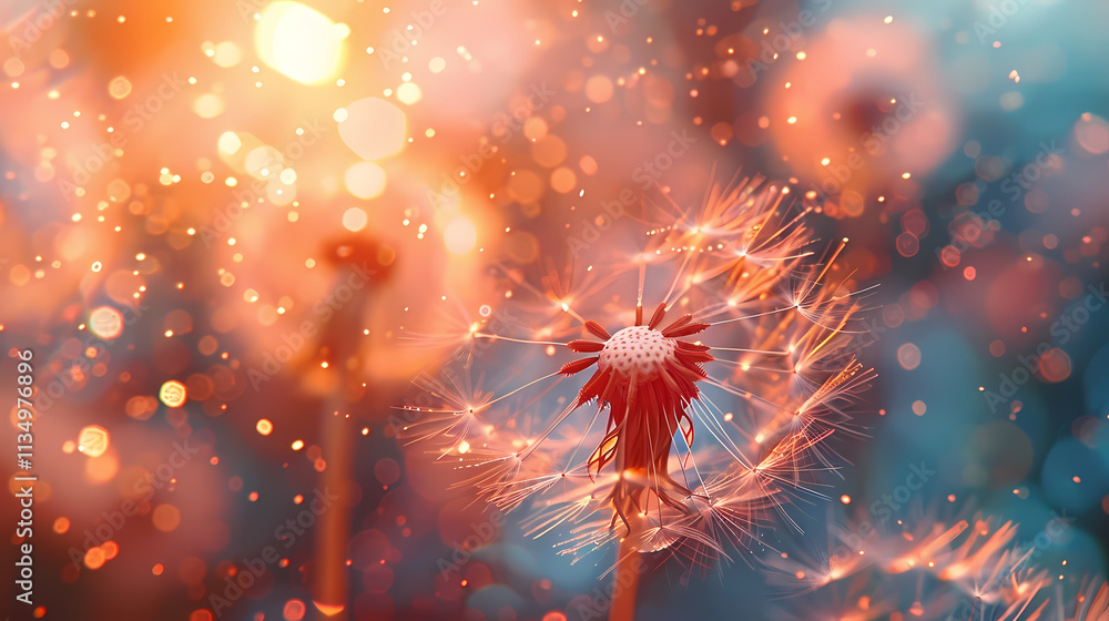 Poster Dandelion Wishes: A whimsical and ethereal dandelion seed head, illuminated by the golden rays of the setting sun, creates a stunning abstract pattern with delicate details.