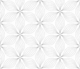 Monochrome vector geometric seamless pattern with floral silhouette, curved lines. Repetitive texture.