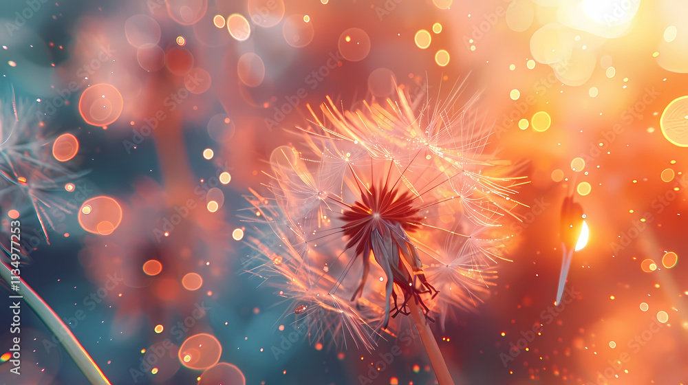 Poster dandelion wishes on sunset:close-up view of a dandelion seed head, its delicate seeds illuminated by