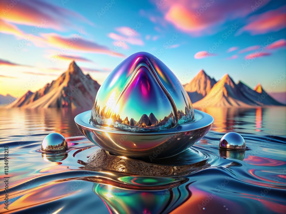 Poster futuristic 3d abstract liquid chrome object with holographic finish against fluid blob mountain back