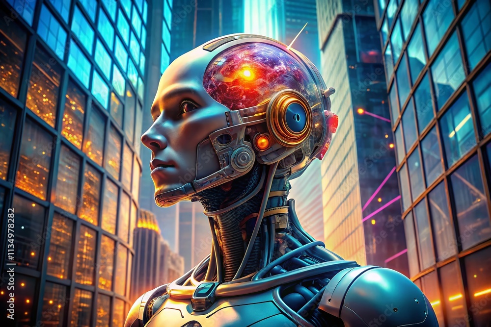 Poster futuristic 3d illustration of a humanoid robot with a splintered head and exposed brain in an archit