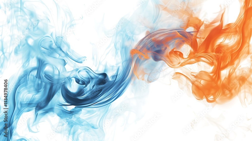 Poster abstract swirls of blue and orange smoke intertwining against a white background, creating a vibrant