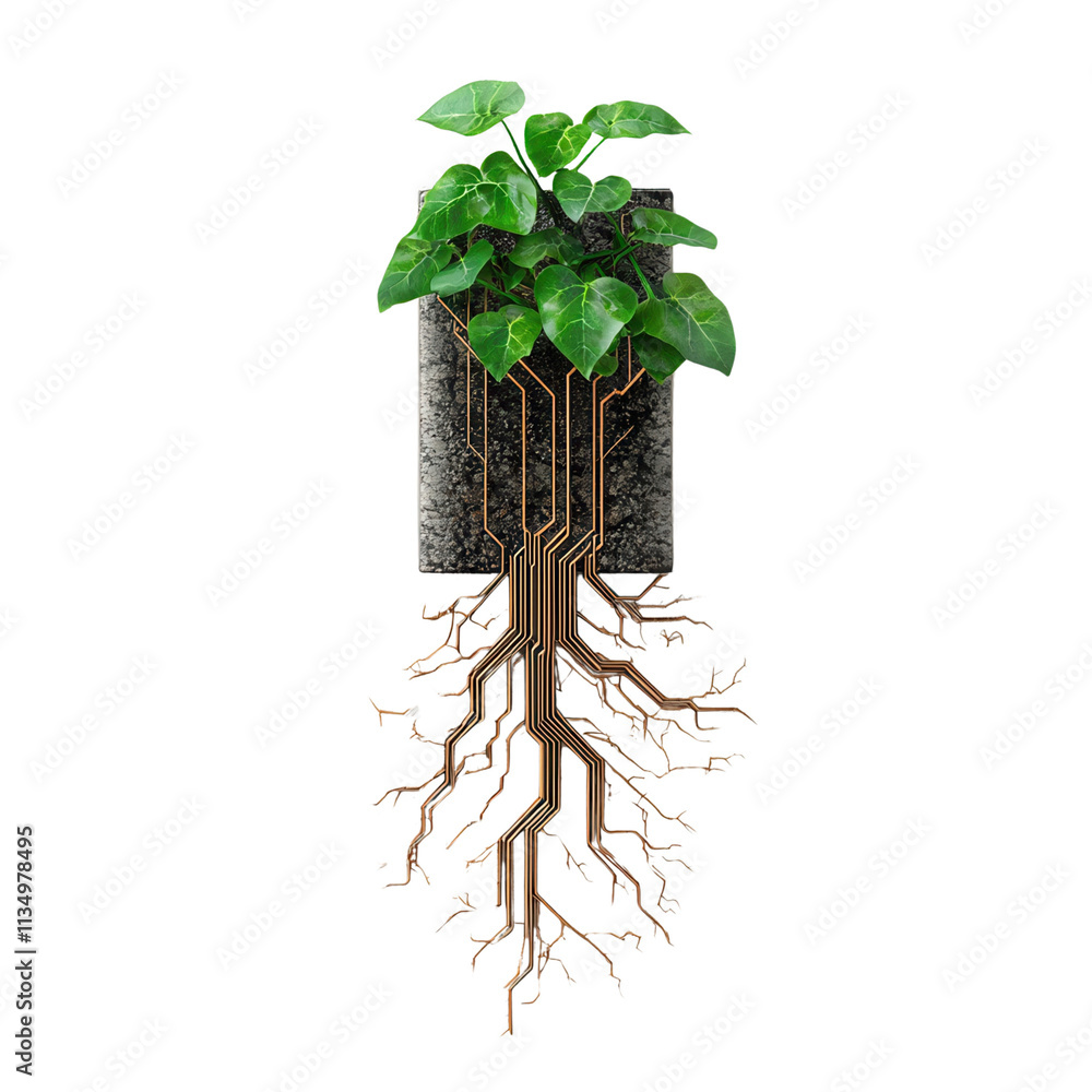 Poster a plant with vibrant green leaves grows from a textured surface, with roots depicted as circuit patt