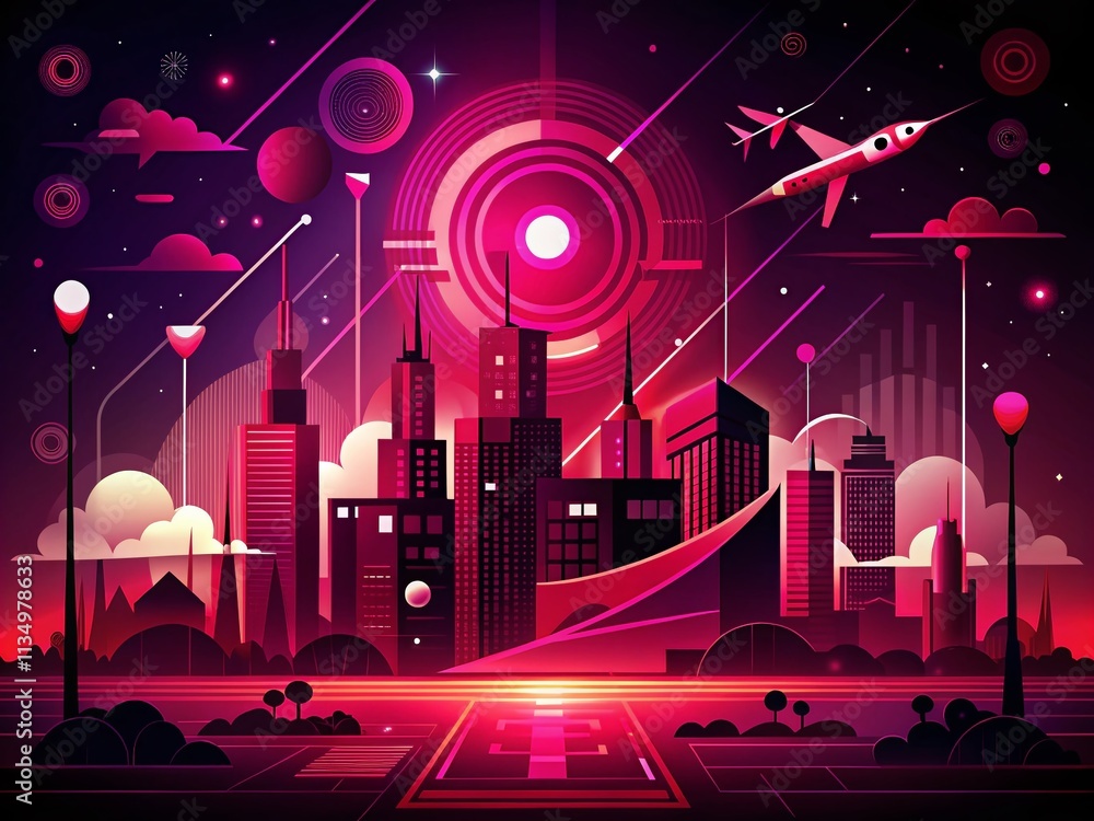 Poster futuristic abstract graphic elements in purplish red tones on dark background - a collection of mode