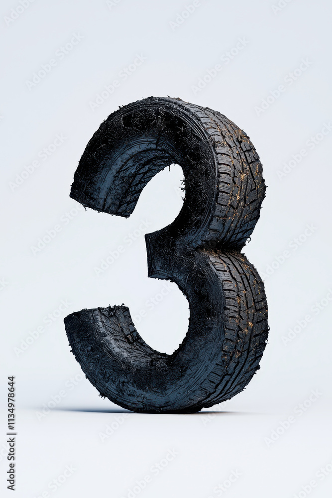 Poster Creative Typography: Artistic Number Three with Textured Tire Design for Unique Graphic Concepts